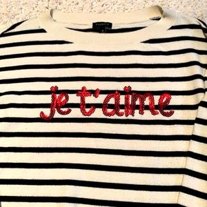 Talbots light weight navy and cream sweater that spells love M